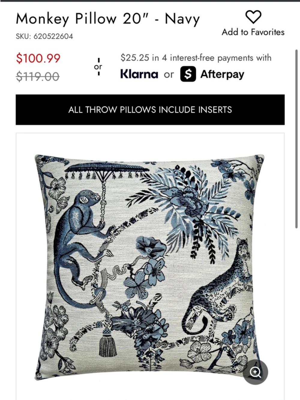 Z Gallerie 20” Navy Monkey Jacquard Decorative Pillow